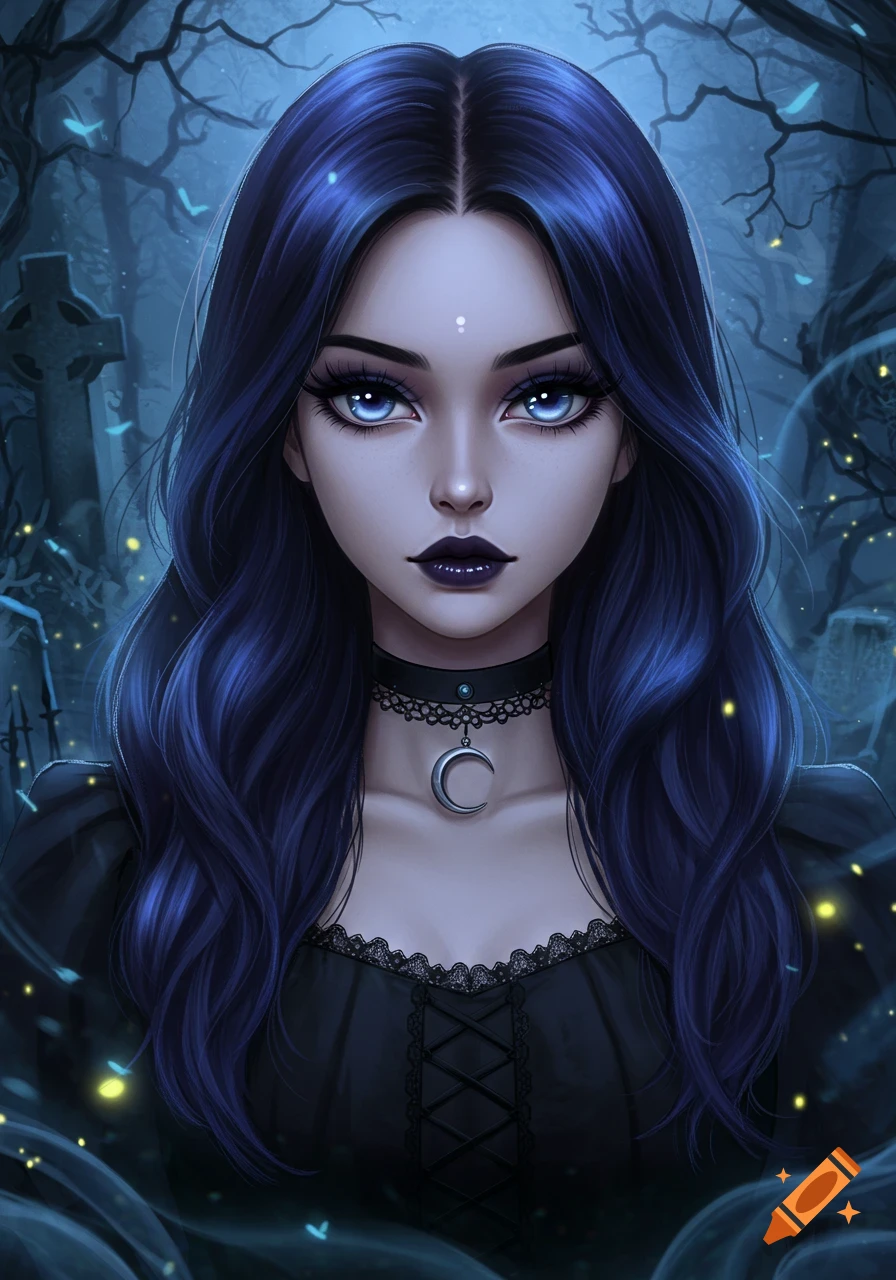 An anime-style goth girl with long blue hair, blue eyes, and dark lipstick, wearing a black dress with a crescent moon necklace, standing in a spooky graveyard at night.