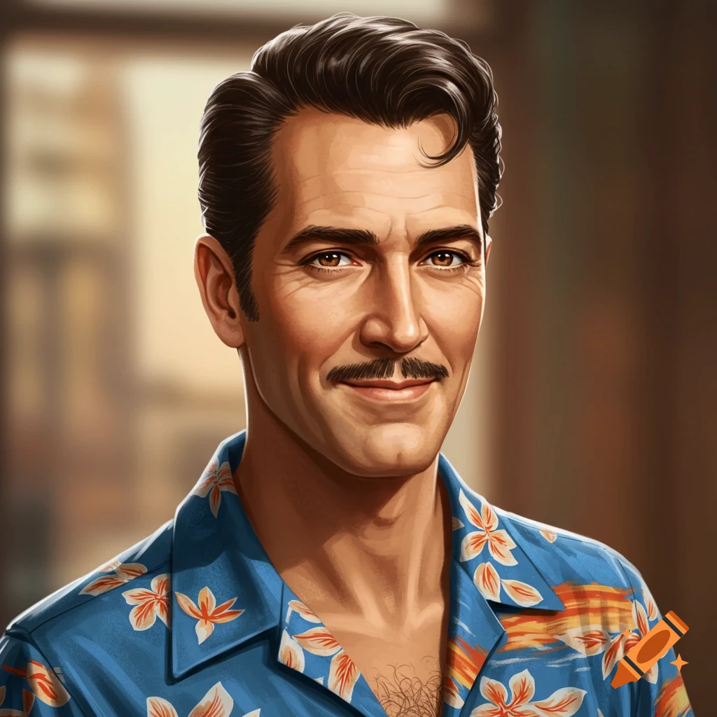 A stylized portrait of a man with a mustache and dark hair wearing a blue Hawaiian shirt with white and orange flowers.