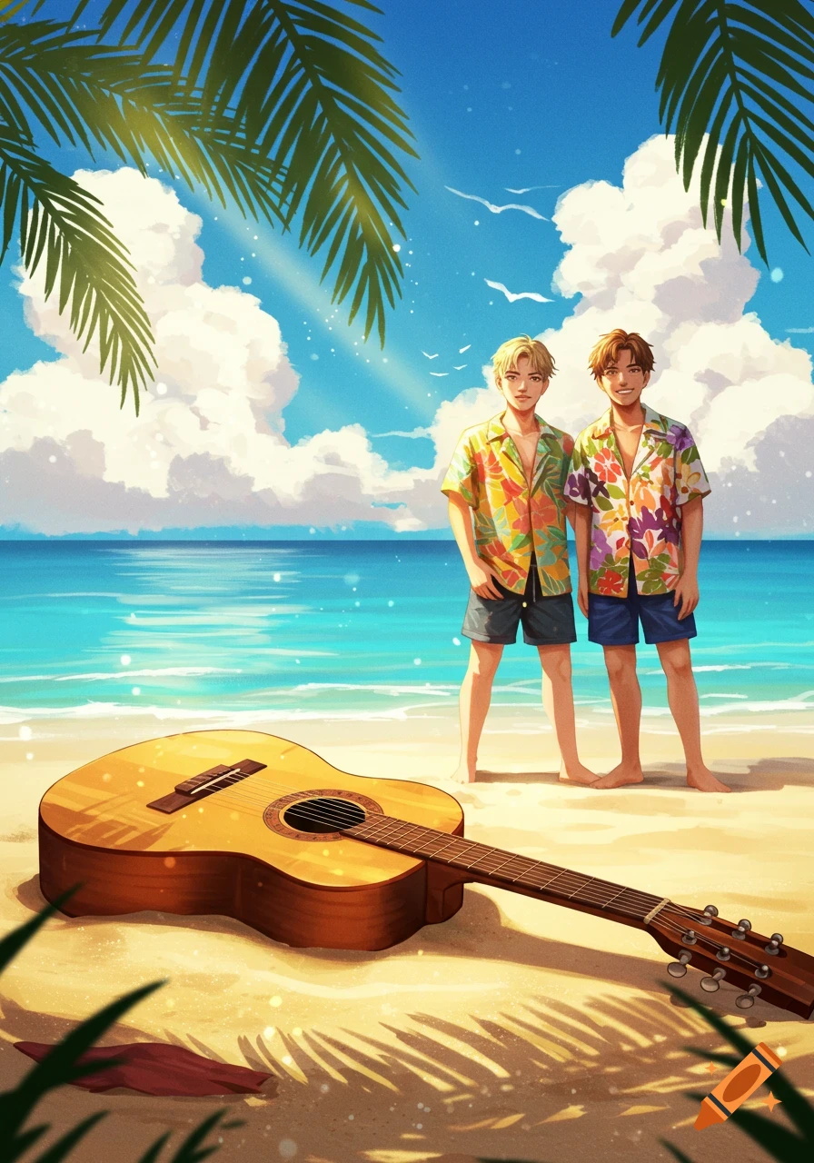Two young men in Hawaiian shirts stand on a tropical beach next to a Spanish guitar, under a sunny sky with palm trees. Illustration.