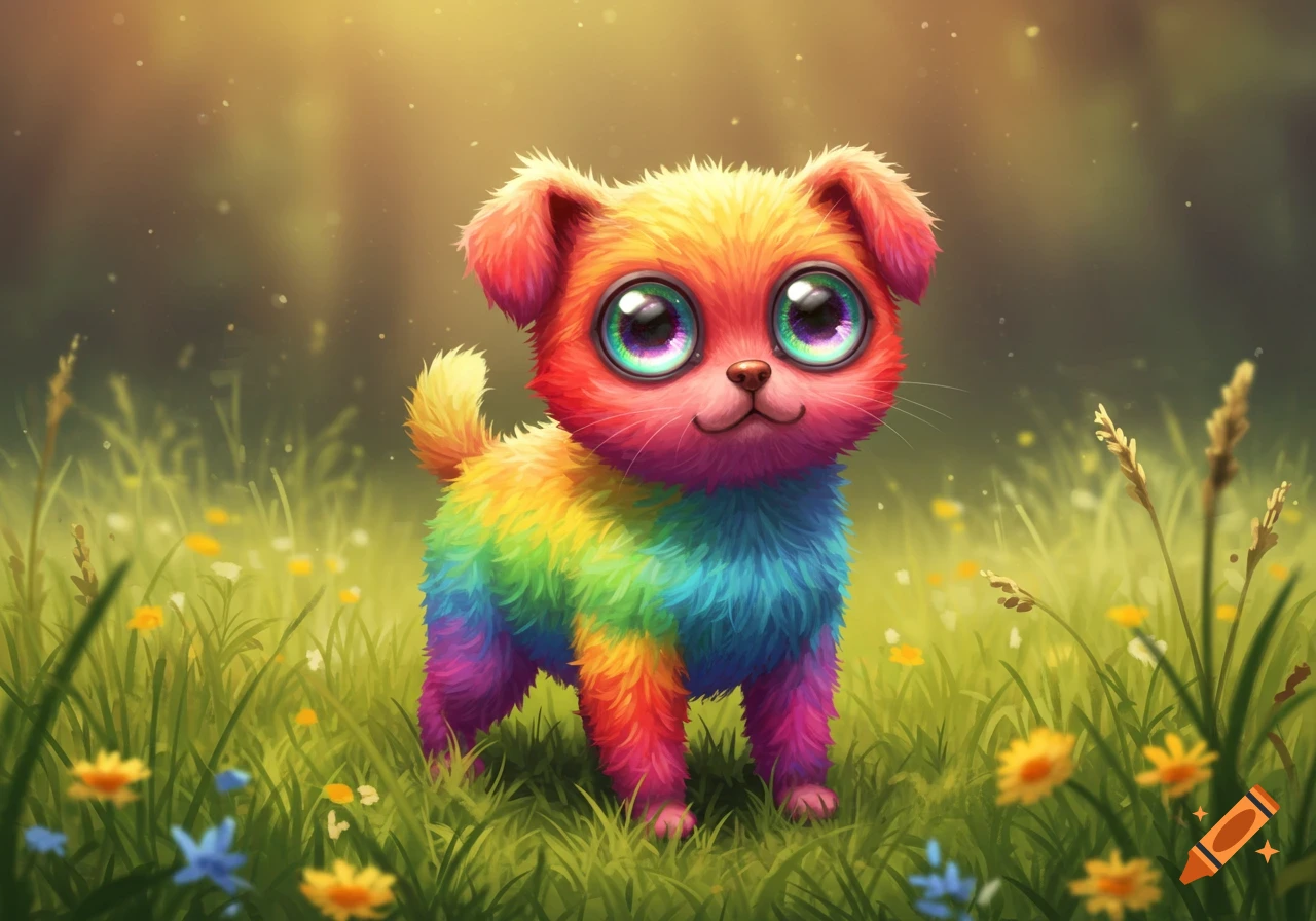 A fluffy rainbow-colored dog-cat creature with big, shimmering eyes stands in a vibrant green field with small wildflowers under a bright sky.