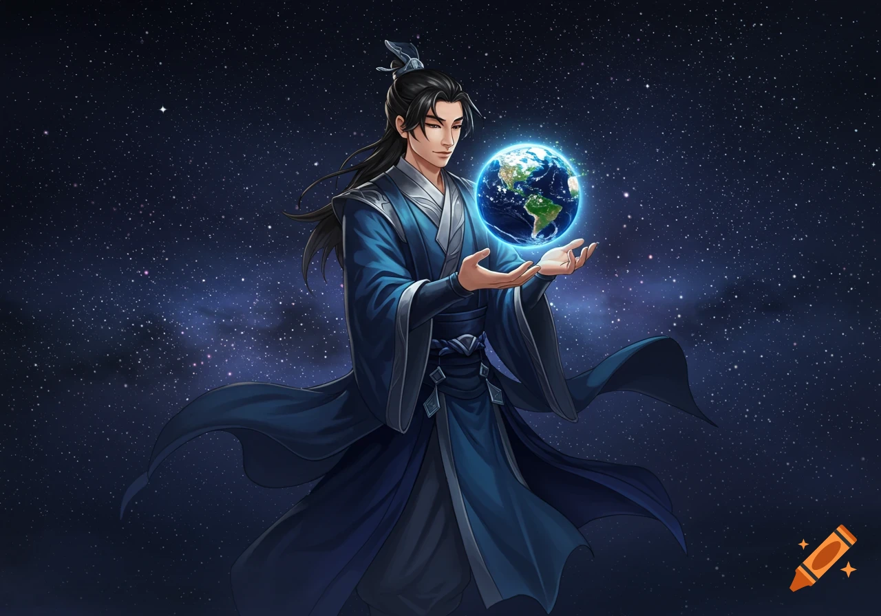 A male character in blue traditional attire holds a glowing Earth while floating in a star-filled cosmic void. Anime style.