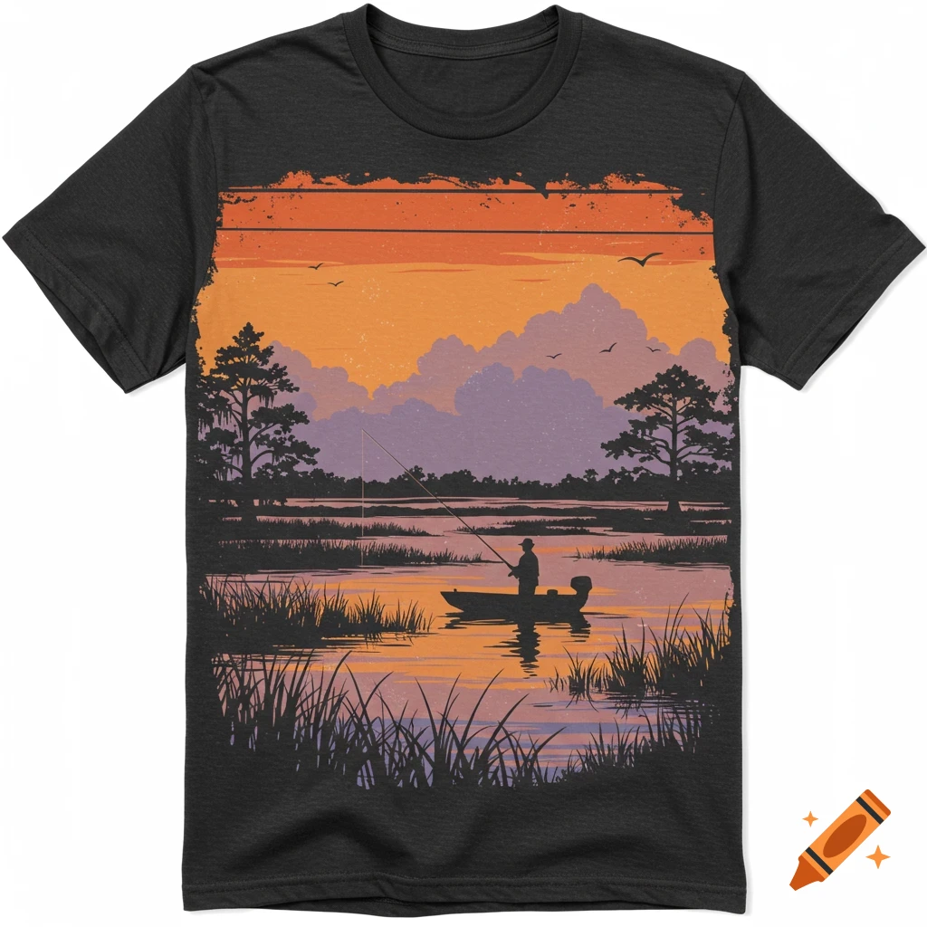 Illustration of a person fishing from a boat on a lake with cypress trees at sunset, printed on a black t-shirt.