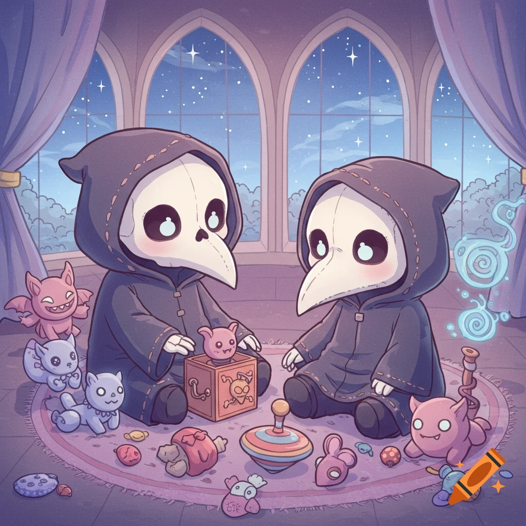 Two cute chibi plague doctors play with monster toys in a cozy room with a starry night view.