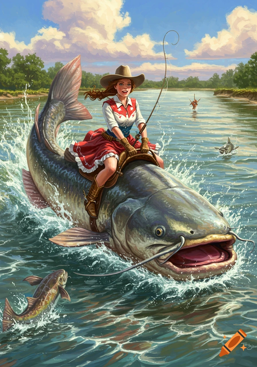 Vibrant illustration of a cowgirl riding a giant catfish, splashing through a river. She holds a fishing rod as other fish jump.