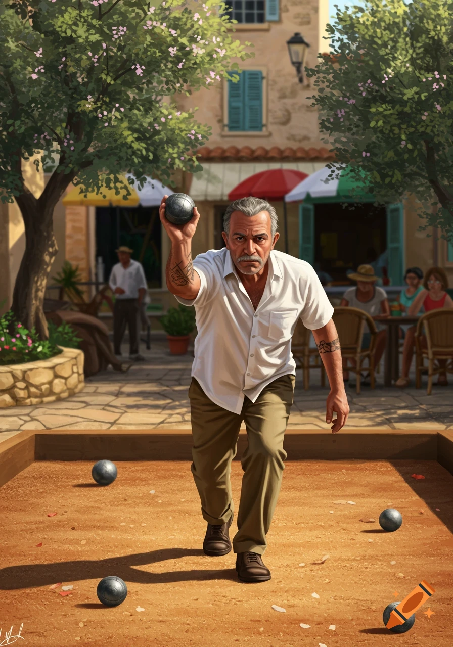 A focused man with a mustache, wearing a white shirt and khakis, throws a boule in a sandy court in a sunny Mediterranean village.