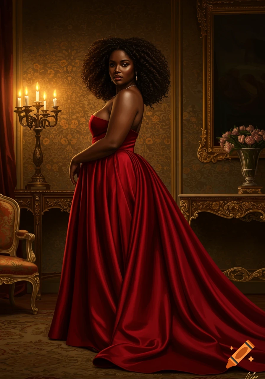 A Black woman with curly hair in a flowing red strapless gown stands in an ornate, dimly lit room with a candelabra.