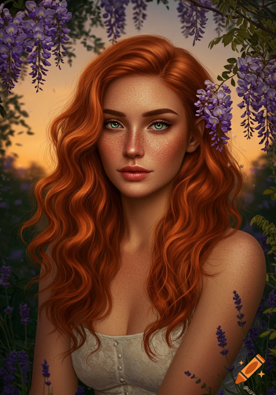 A photorealistic portrait of a redheaded woman with green eyes and freckles, surrounded by purple wisteria flowers at sunset.