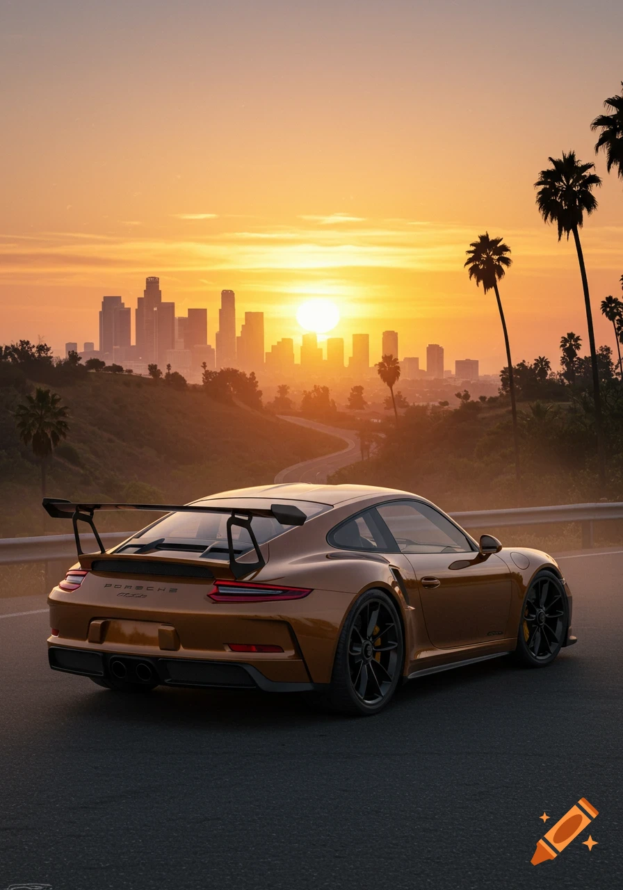 A bronze Porsche 911 GT3 RS on a road overlooking a hazy Los Angeles skyline at sunset with palm trees.