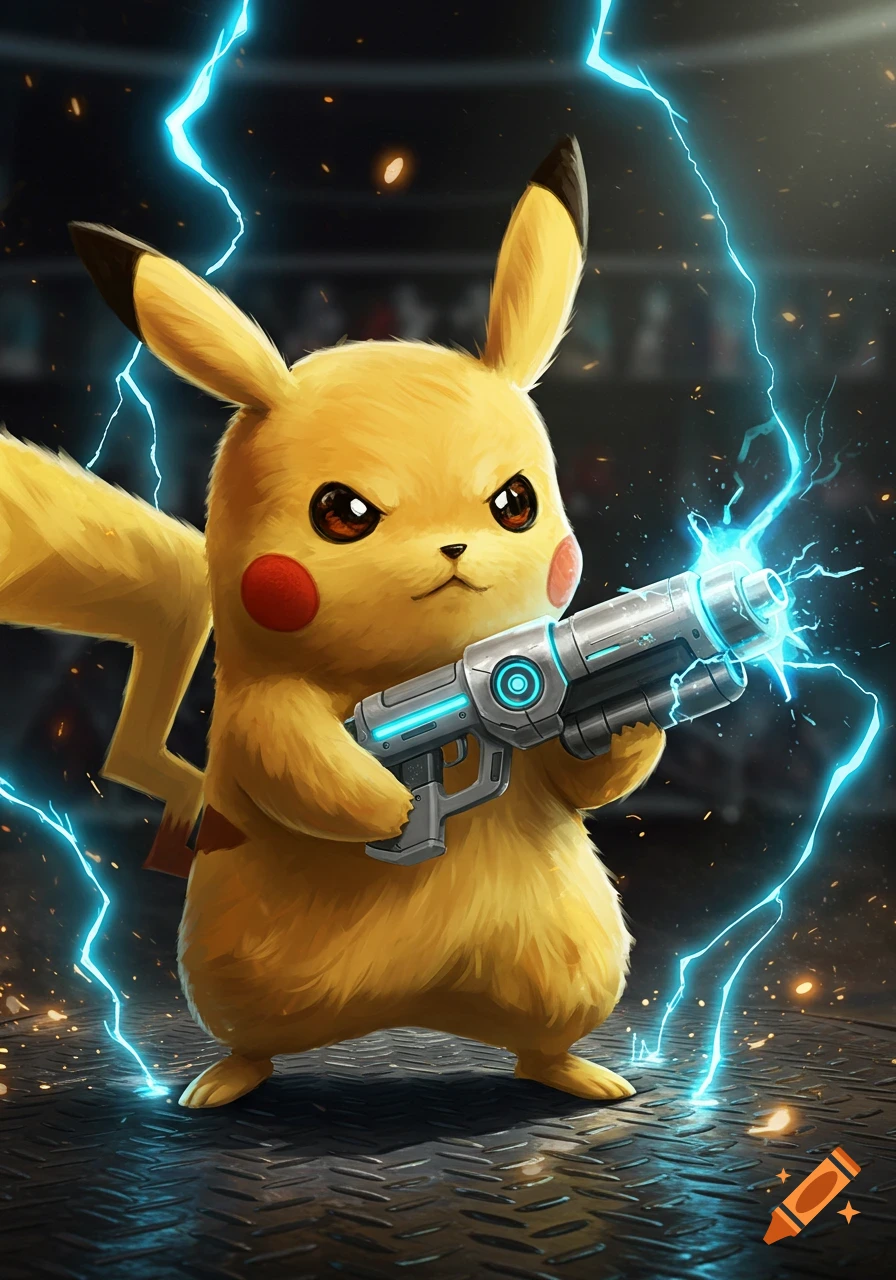 Pikachu holding a futuristic gun, surrounded by blue lightning, standing on a metal floor in a dark arena, digital art.