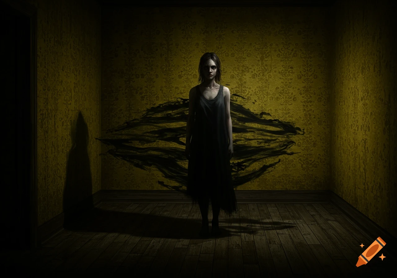 A pale woman in a dark dress stands in a dimly lit room with yellow floral wallpaper and a black swirling aura.