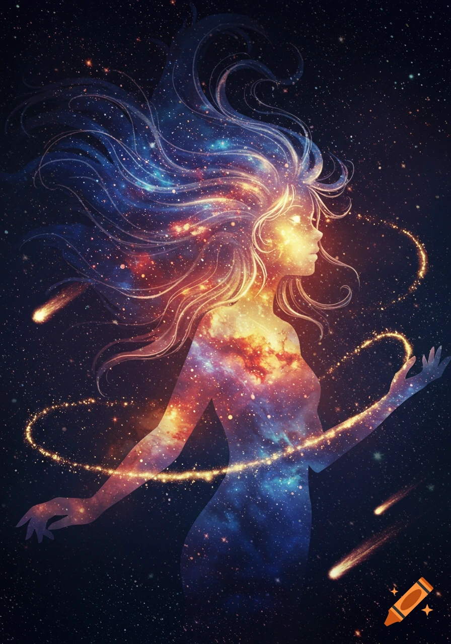 Stylized cosmic silhouette of a woman with a galaxy body and glowing hair, surrounded by stars and light trails.