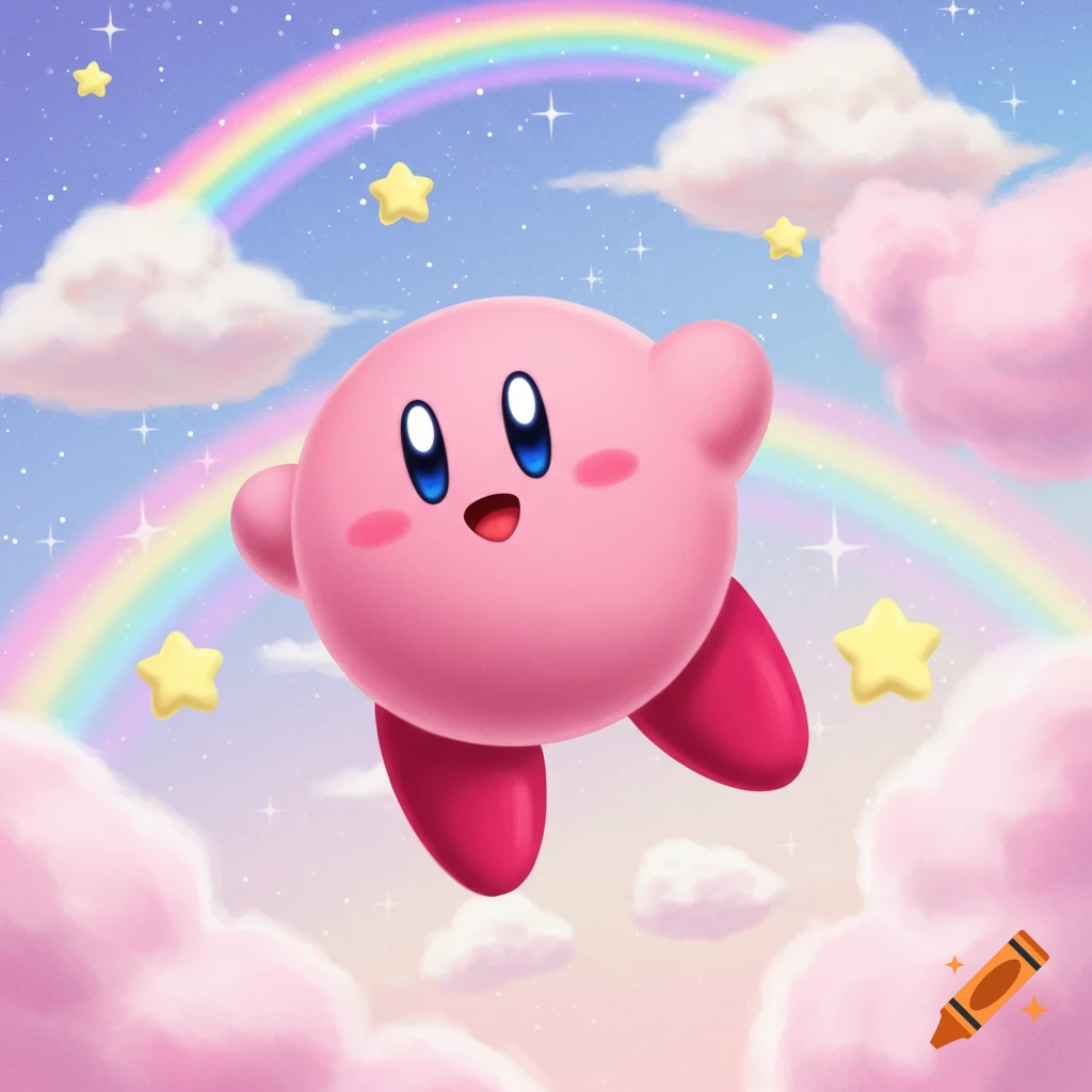 Pink, round Kirby floats happily in a pastel sky with a rainbow, pink clouds, and yellow stars.