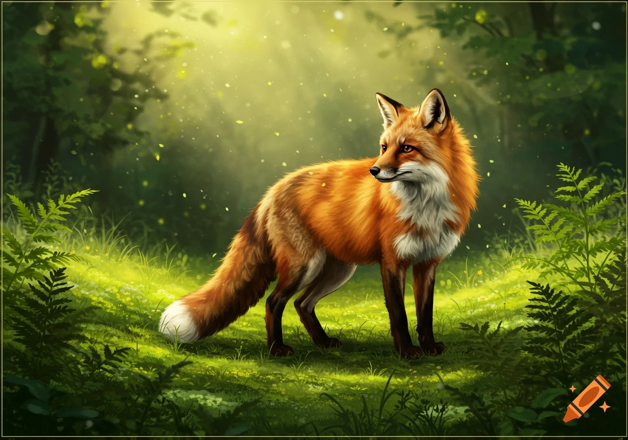 An illustrative red fox stands in a sunlit green forest clearing with glowing particles.