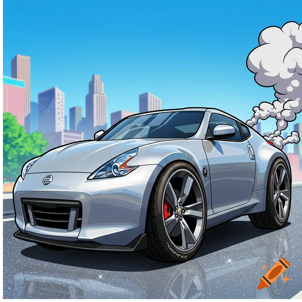 A cartoon silver Nissan 370Z sports car on a city road, emitting smoke, with a blurred cityscape in the background.