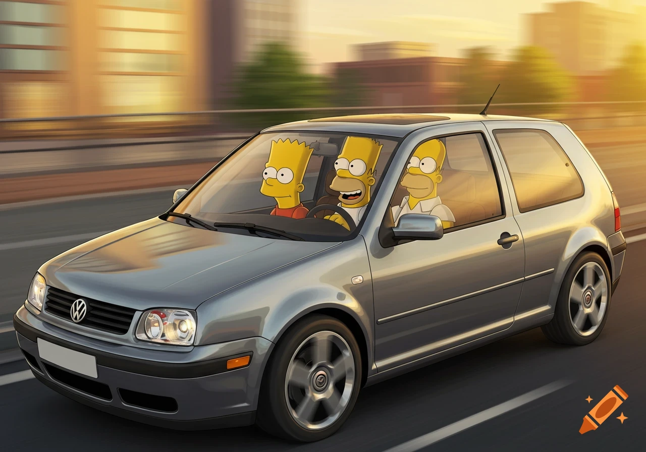 Bart and Homer Simpson drive a silver Volkswagen Jetta on a road during sunset in a cartoon style.