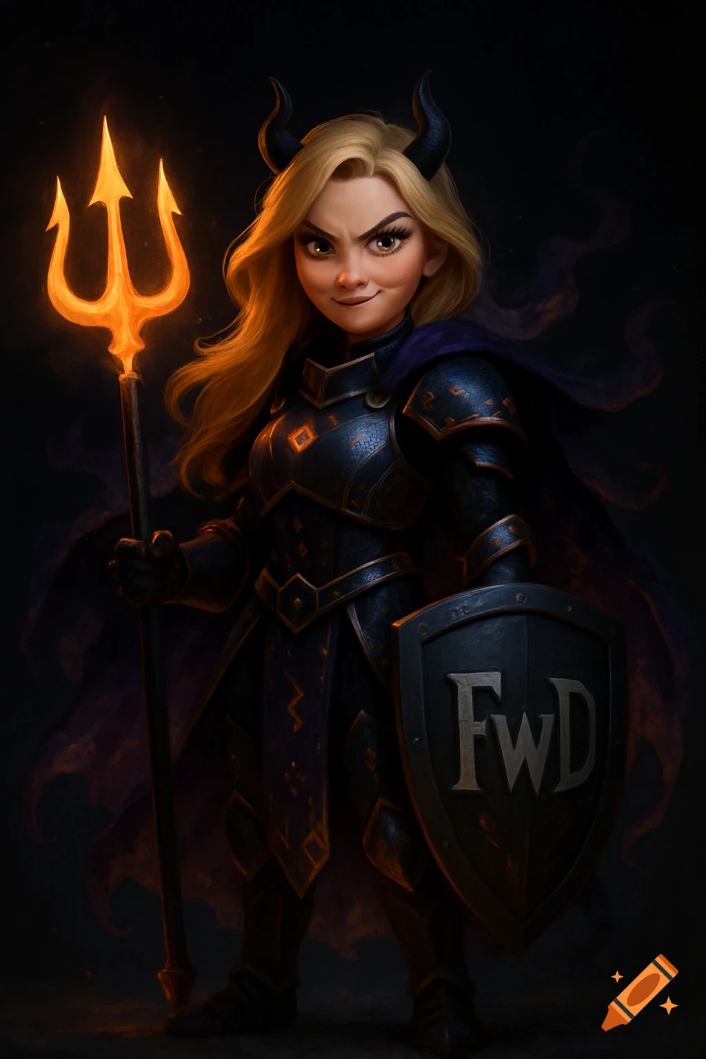 A blonde female warrior with horns, armor, and a cape, holds a glowing trident and a shield with 'FwD' in Pixar style.