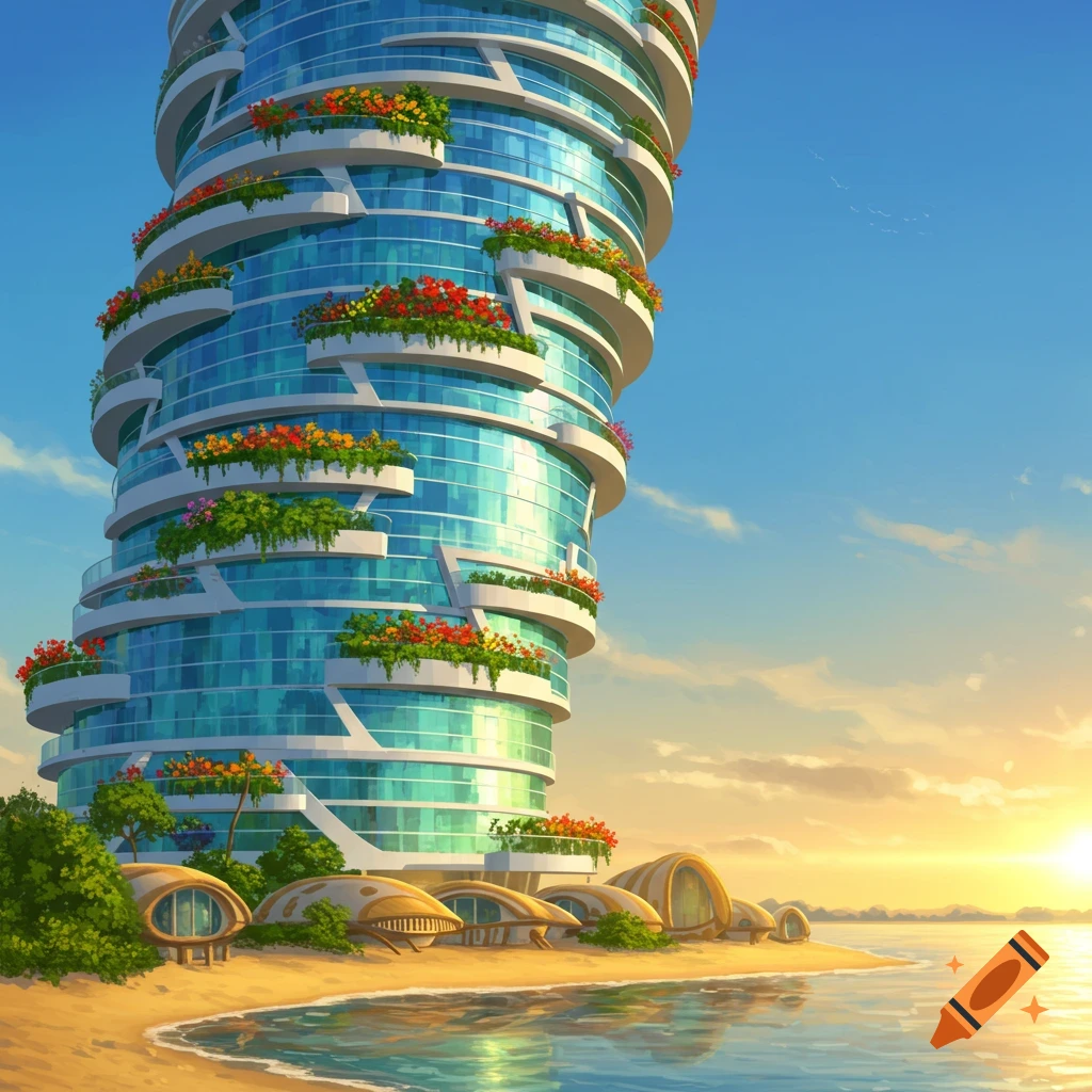 A spiral skyscraper with flower-filled balconies stands on a sandy beach next to the ocean, with oval houses nearby at sunset.