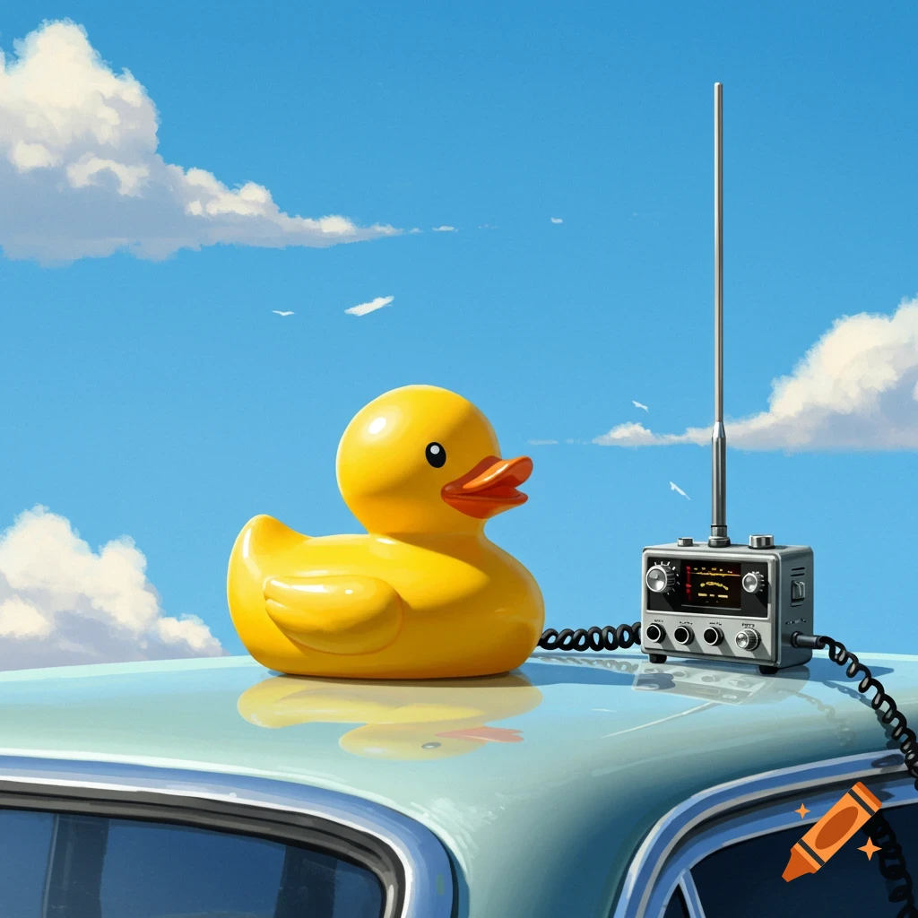 A bright yellow rubber duck and a CB radio sit on the light blue roof of a vintage car under a clear blue sky.