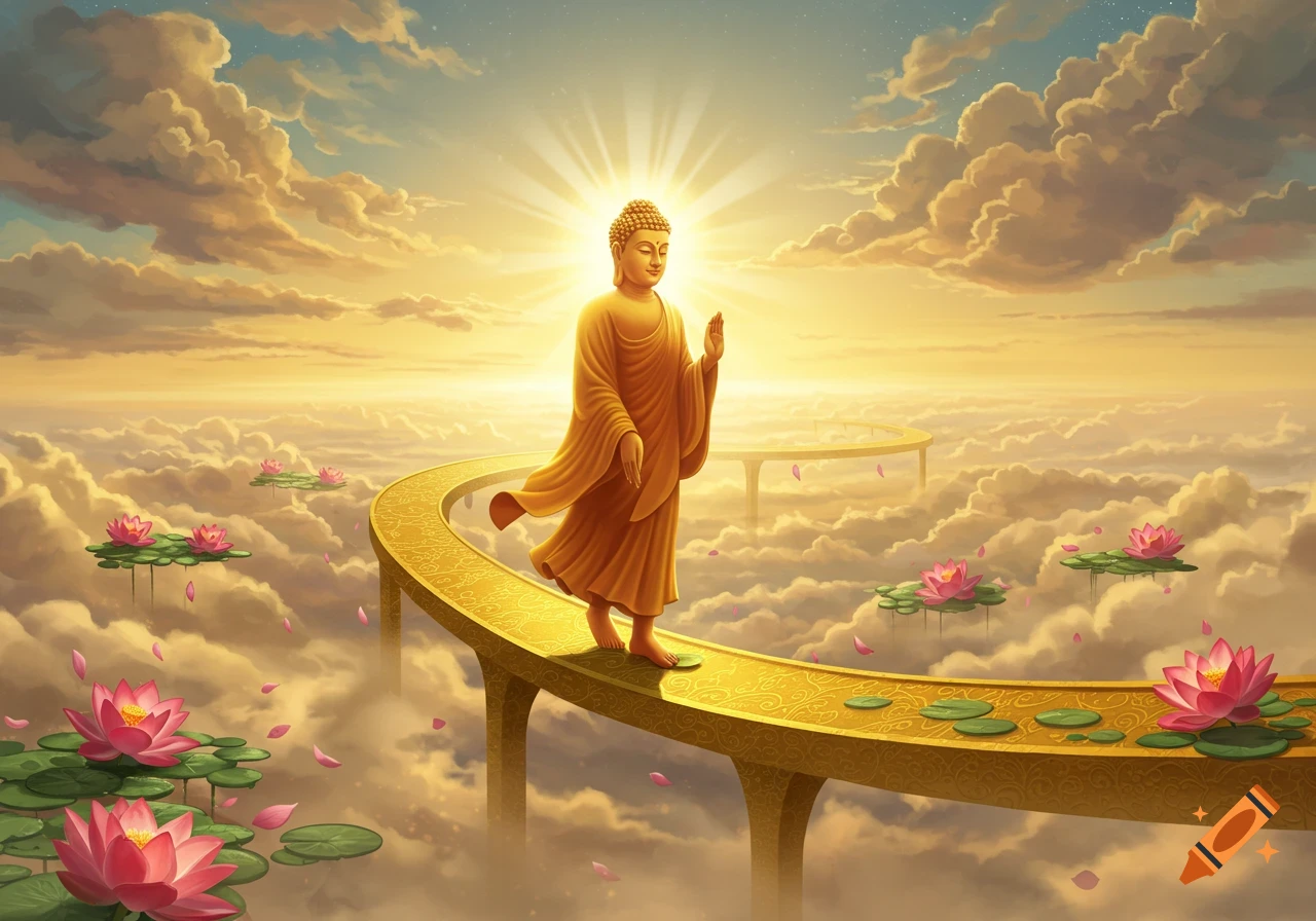 A golden Buddha figure walks on a winding golden path above white clouds with pink lotus flowers under a radiant, cloudy sky.