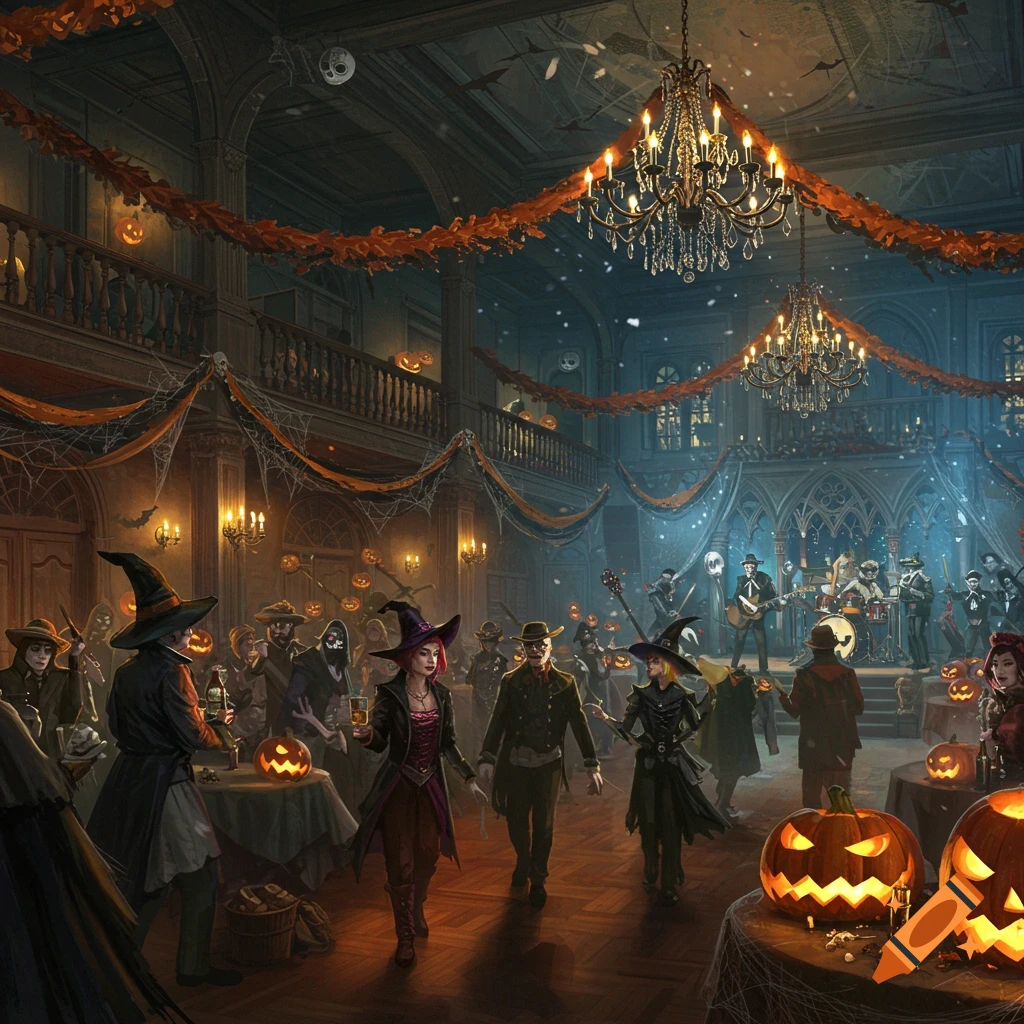 A grand, gothic-style hall filled with people in various spooky costumes enjoying a festive Halloween party with jack-o'-lanterns and eerie decorations.