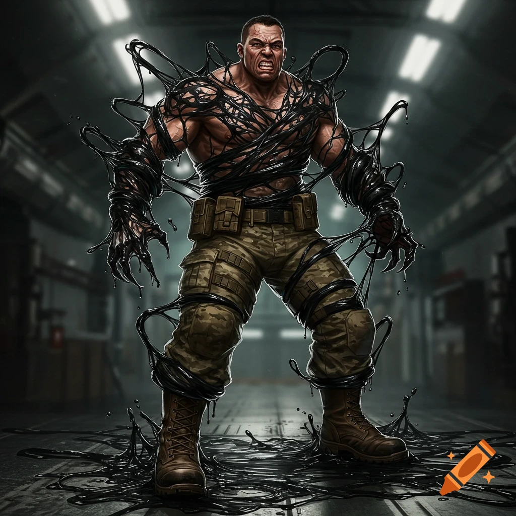 A muscular military man in camo pants and boots is being consumed by a black Venom symbiote in a dark industrial setting.