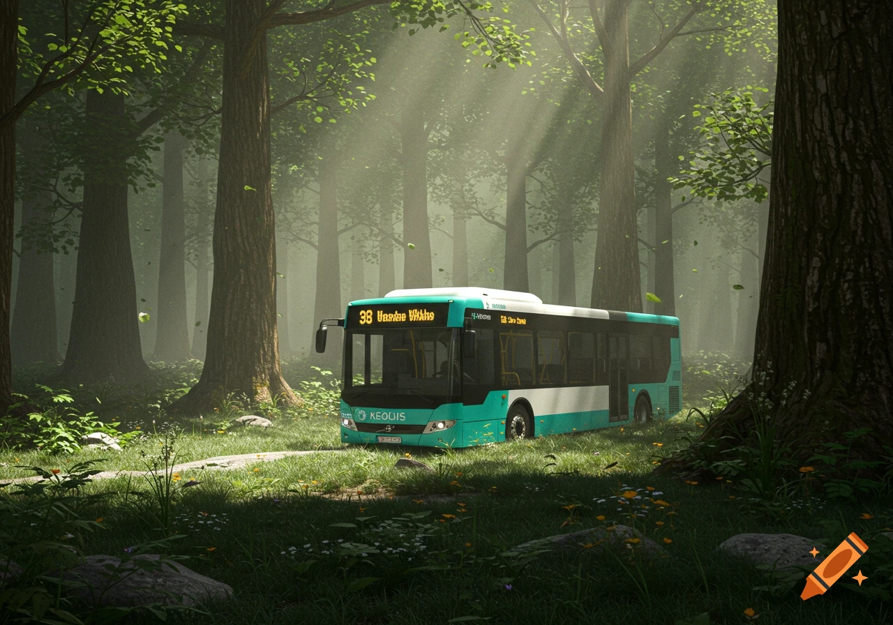 A teal and white bus is stranded on a narrow dirt path in a mystical, sun-dappled forest with tall trees.
