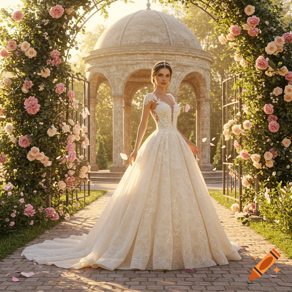 A bride in a white wedding gown stands under a rose-covered archway in a sunny garden with a classical gazebo.