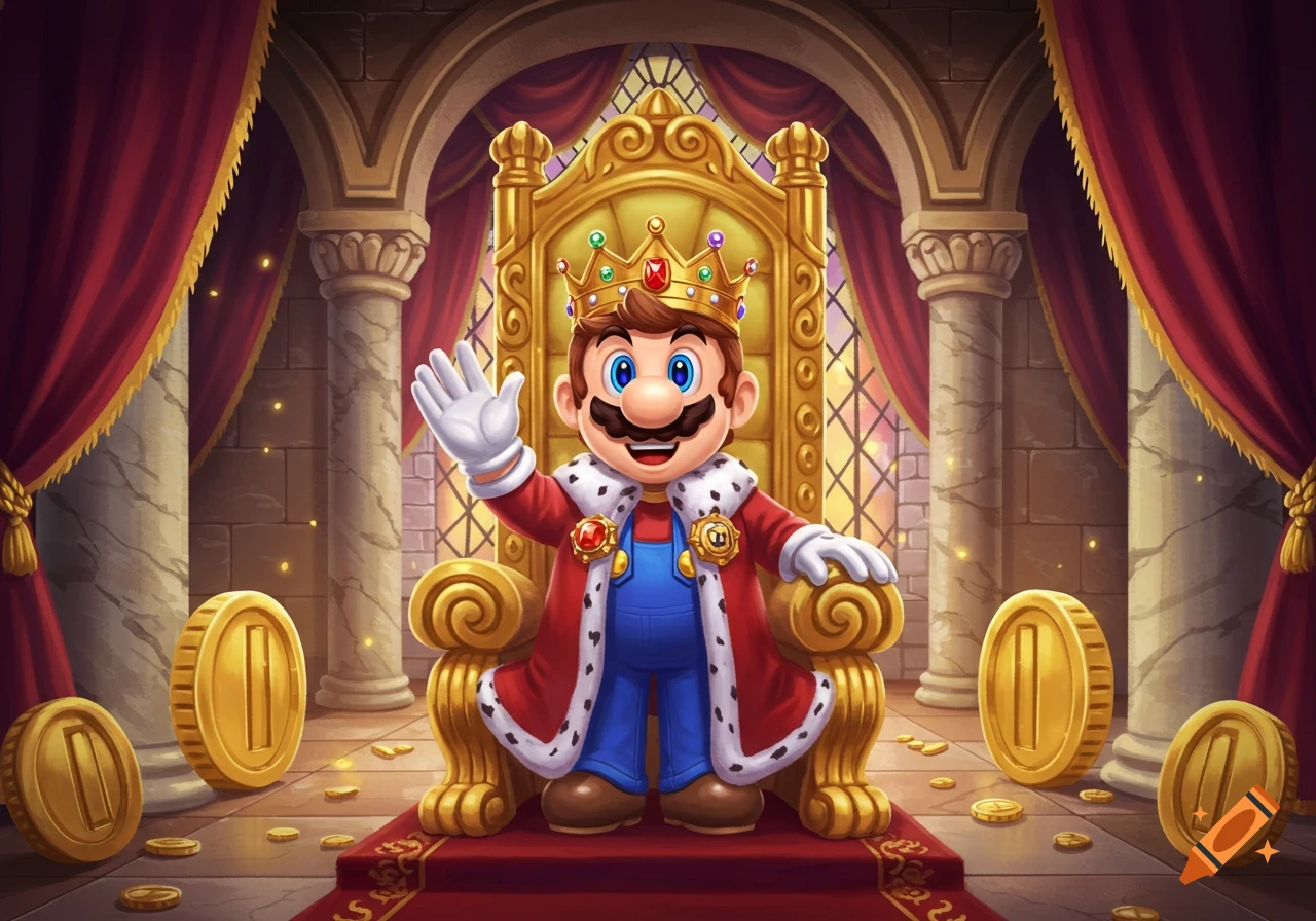Mario as a king on a golden throne in a royal castle, surrounded by gold coins, waving, in a cartoon style.