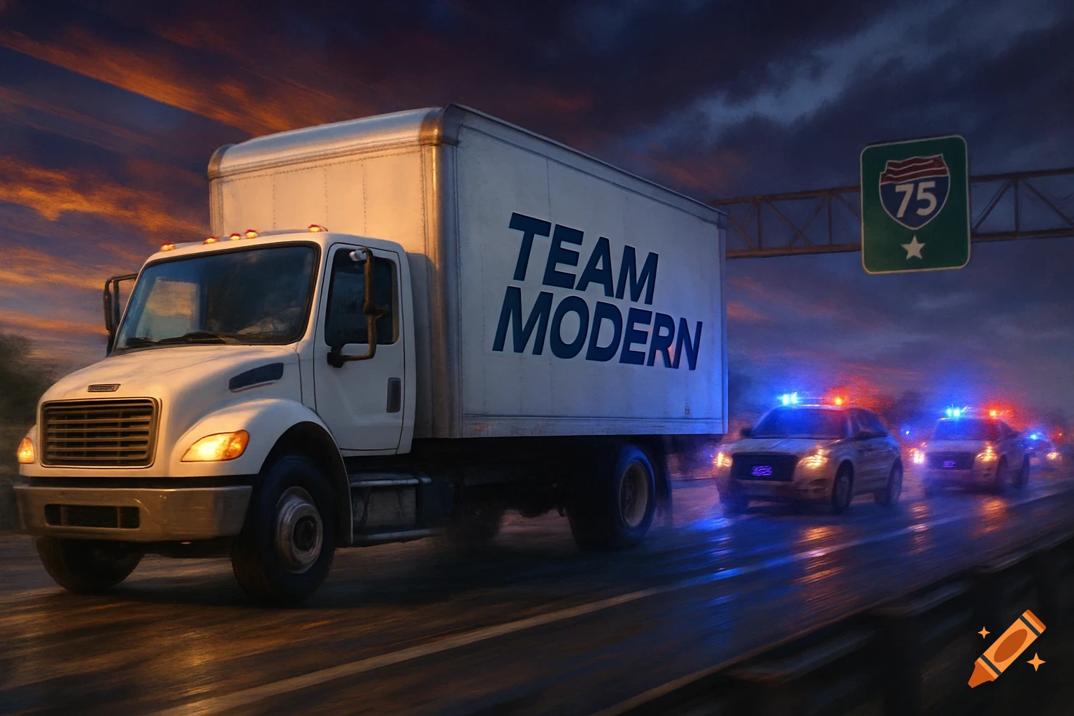 A white box truck with "TEAM MODERN" on its side drives on a wet highway at dusk, followed by police cars with flashing lights, under a dramatic sky.