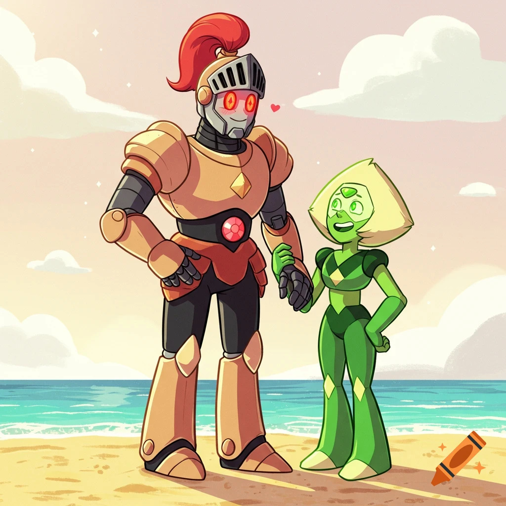 Peridot from Steven Universe and a robot knight holding hands romantically on a beach, in CalArts cartoon style.