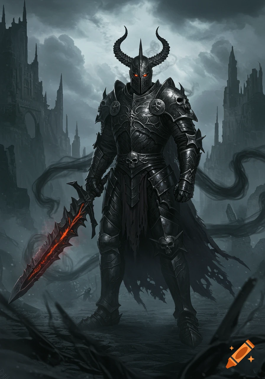 A terrifying Death Knight in black gothic armor with glowing red eyes and a horned helmet, holding a massive cursed sword, near a ruined castle.