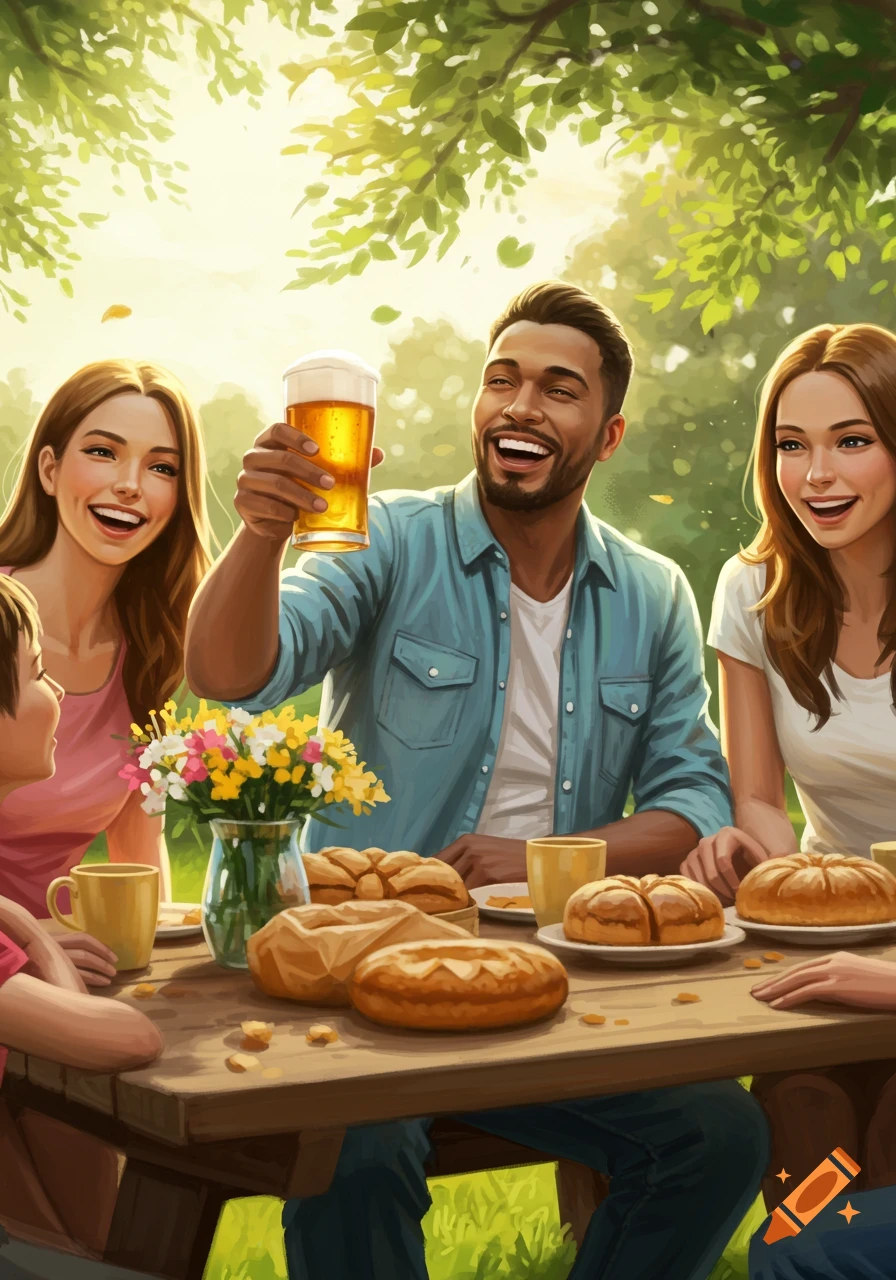 A happy group of people enjoying an outdoor picnic. A man smiles, raising a glass of beer under sunny, green trees.