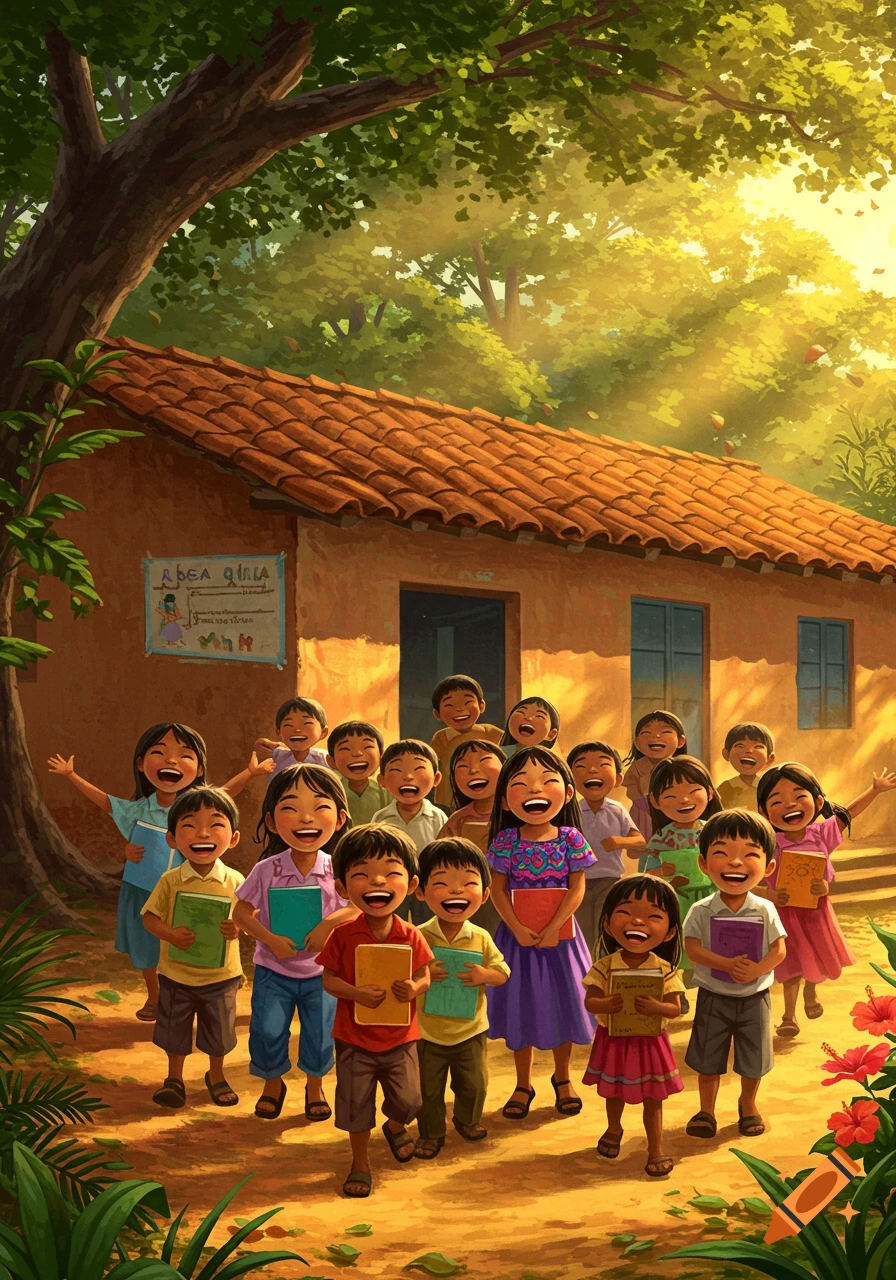 Happy children holding books outside a rural community school, depicted in a vibrant, painterly illustration style.