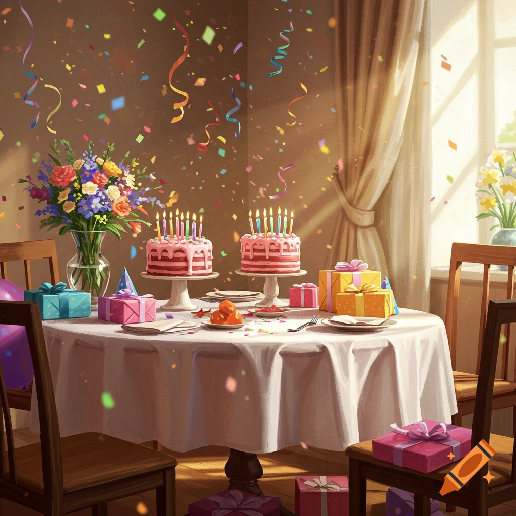 A brightly lit table set for a birthday celebration, featuring two pink cakes with lit candles, gifts, flowers, and colorful falling confetti.
