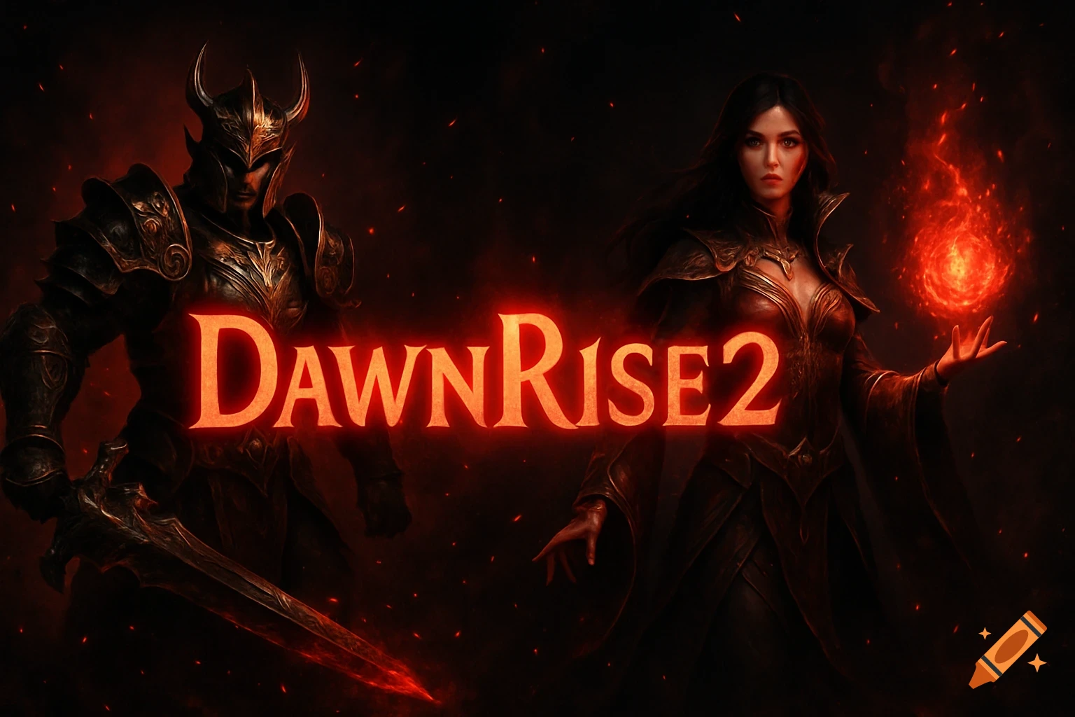 Dark fantasy game art featuring a horned warrior, a sorceress with a fire spell, and glowing red text 'DawnRise2'.