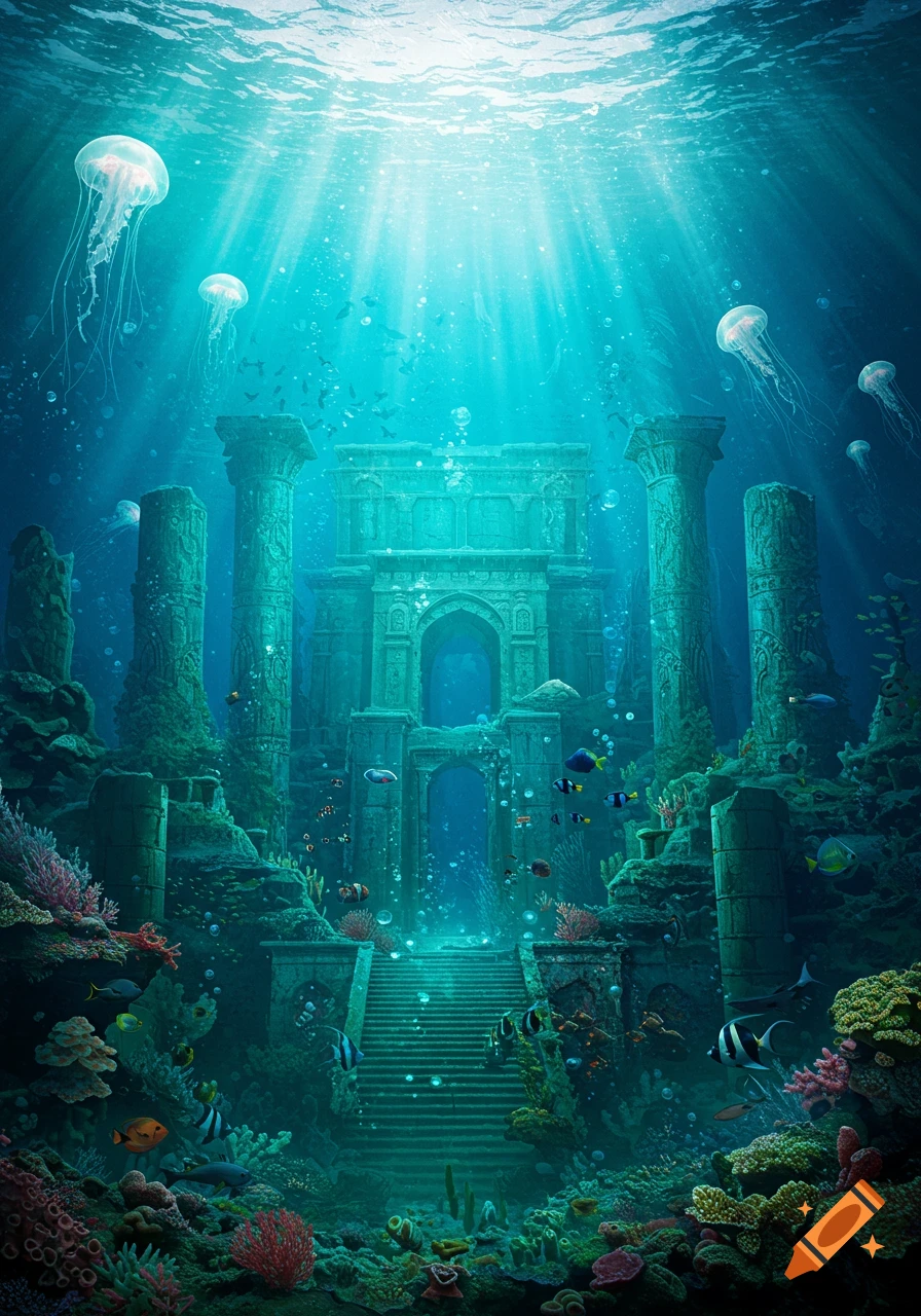 Sunlit ancient underwater city ruins with columns, arches, vibrant coral, jellyfish, and schools of colorful fish.