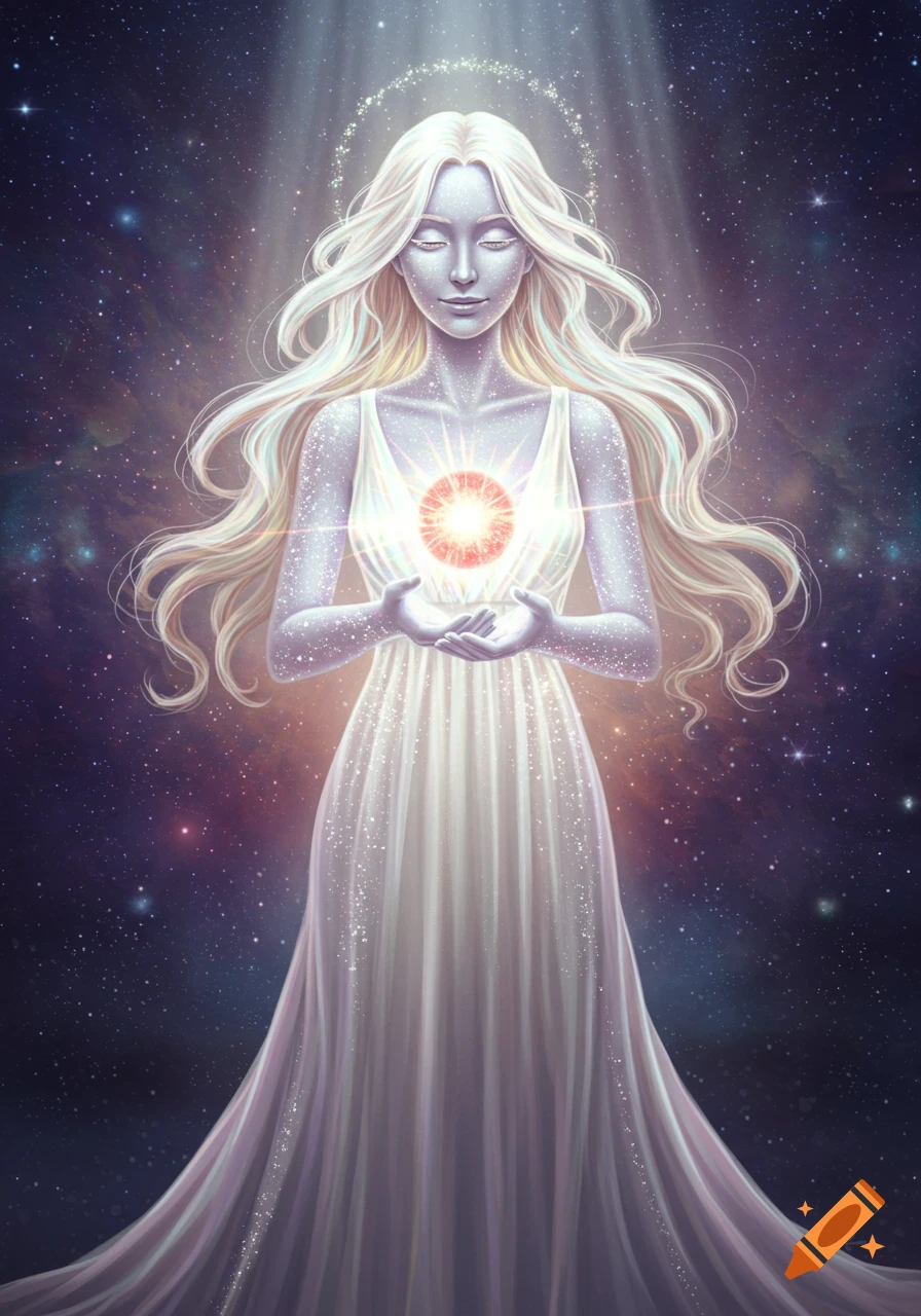 A luminous female deity with long blonde hair, made of sparkling white light, wearing a white gown, holds a glowing red orb against a starry cosmic background.