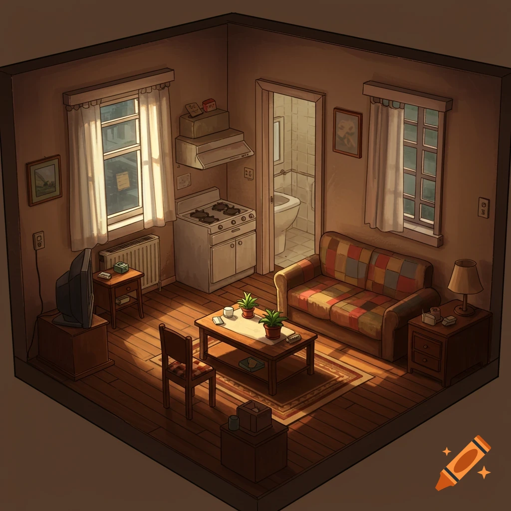 Isometric illustration of a small, old, sparsely furnished apartment living room with a kitchen corner and a bathroom entrance. Sunlight streams through the window.