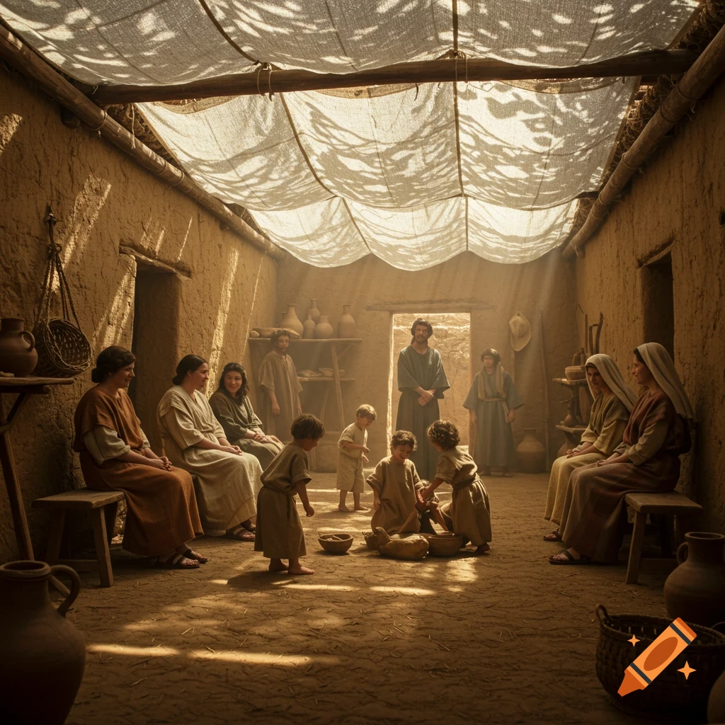 A group of people, including women and children, are gathered in a sunlit mud-brick room under a cloth canopy. Children play on the floor while adults sit on benches.