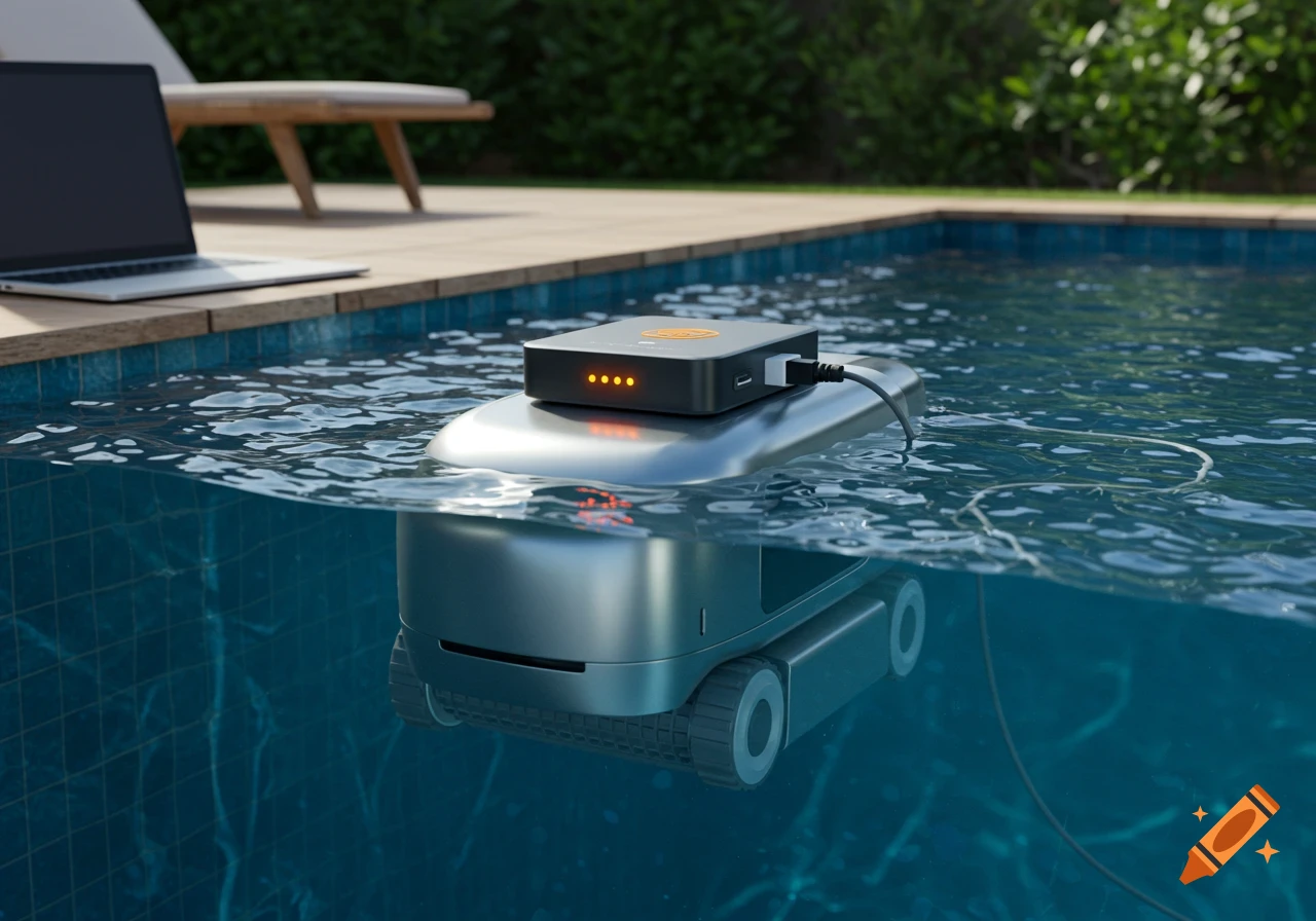 A silver pool cleaning robot with a black diagnostic box on top, featuring glowing orange LEDs, floats in a swimming pool. A laptop rests on the wooden deck beside the pool.