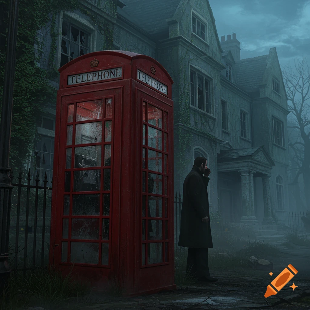 A man stands beside a red telephone booth outside a dark, ivy-covered abandoned building in a foggy, eerie atmosphere.