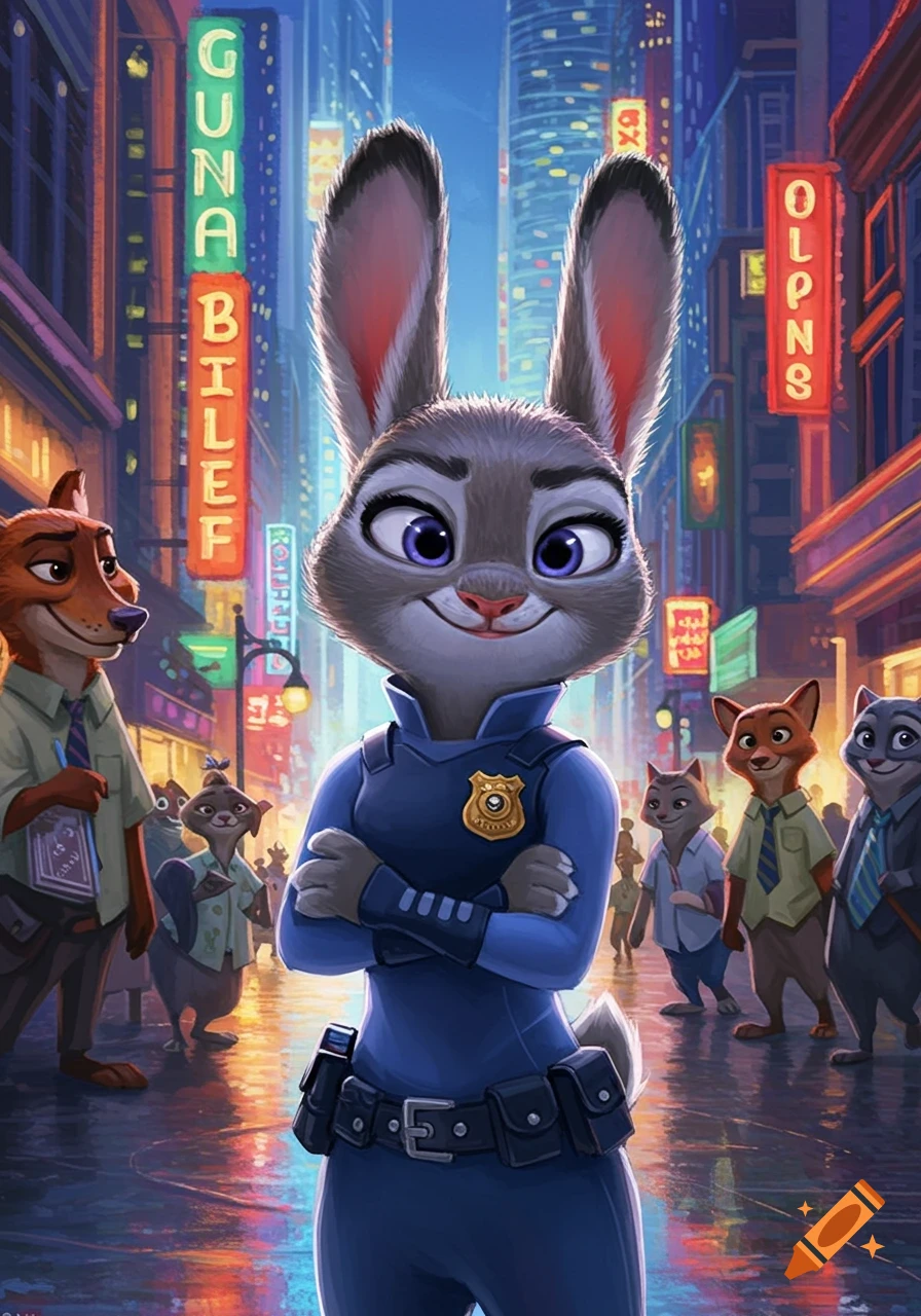 Judy Hopps in police uniform stands in a vibrant neon-lit city street at night, with Nick Wilde and other Zootopia characters.