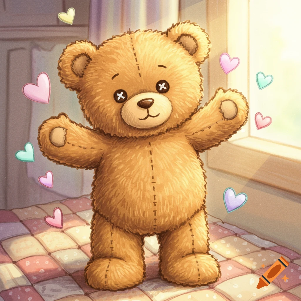 A cute, hand-drawn fluffy brown teddy bear stretching its arms on a patterned blanket, with colorful hearts floating around in a sunny room.