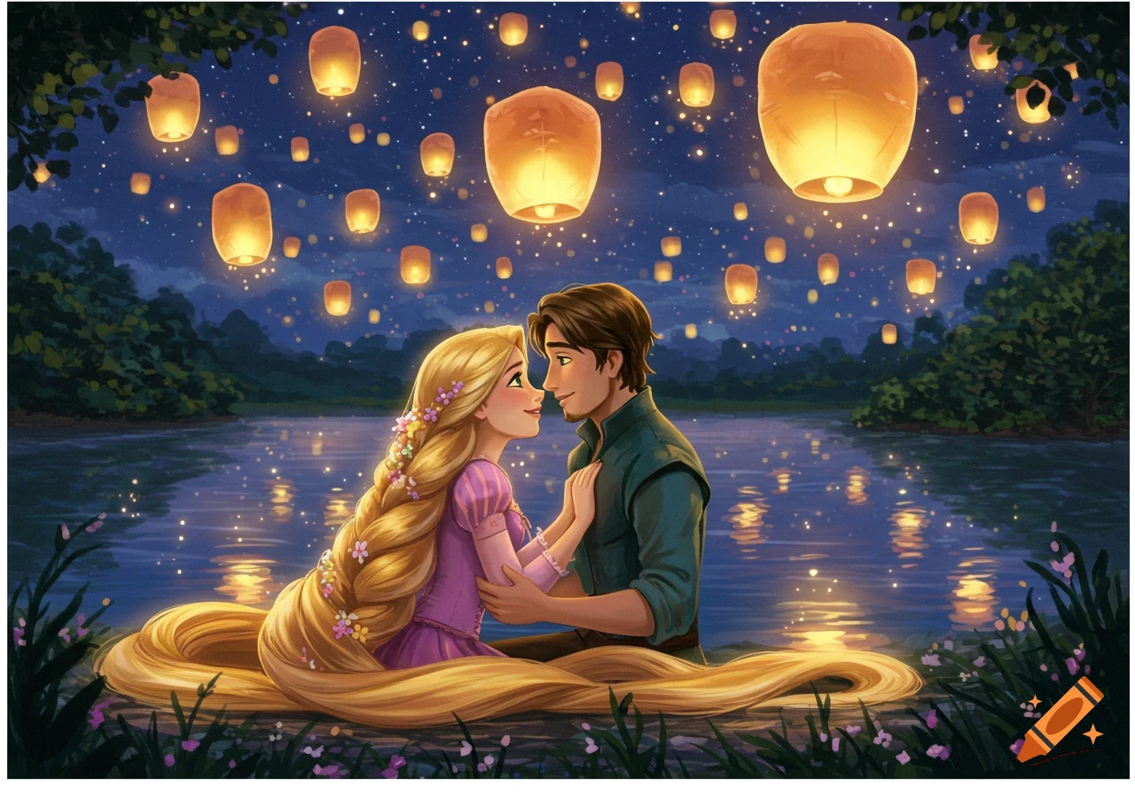 Rapunzel and Eugene gaze at each other on a boat during a lantern festival on a moonlit lake.
