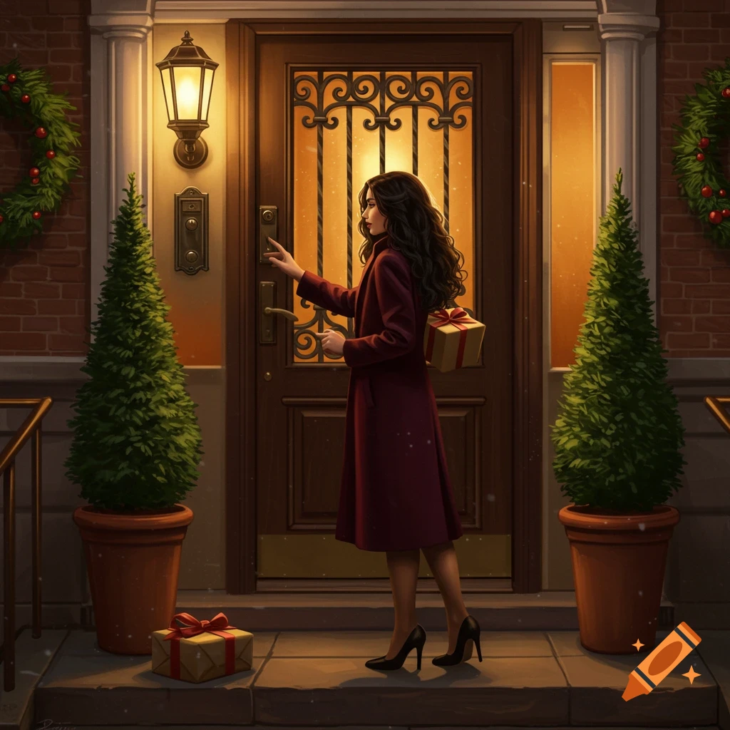 A woman in a red coat holds a gift box and rings a doorbell at a festively decorated house entrance.