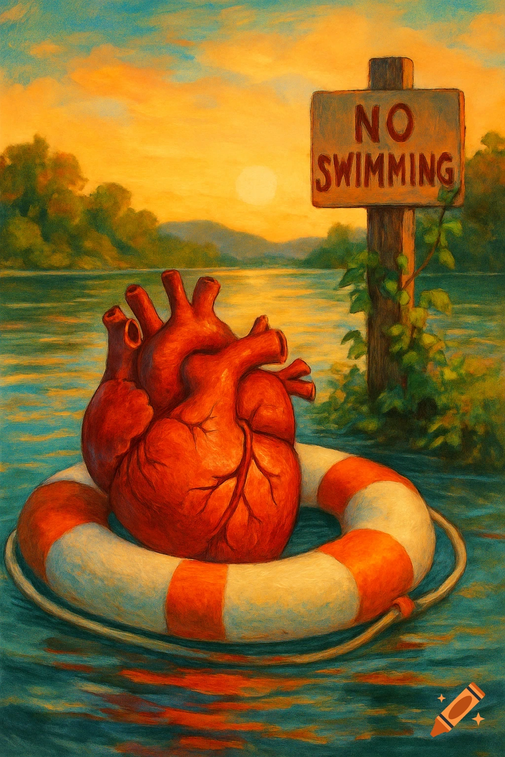 A stylized anatomical heart floats in a life preserver on a calm lake with a 'NO SWIMMING' sign and sunset, painted.