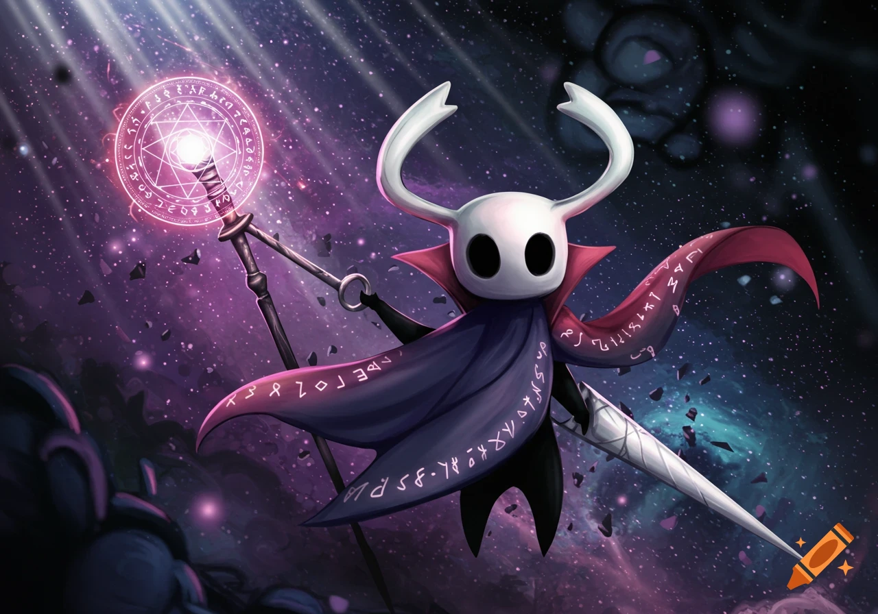 The Hollow Knight character with Doctor Strange elements, holding a glowing magical staff in a purple starry space with floating debris. The character wears a dark cloak with red lining and glowing runes.