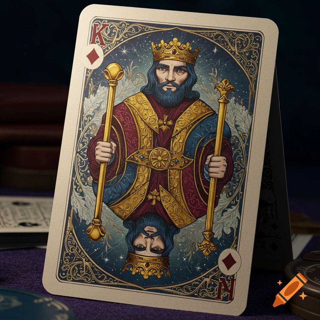 A stylized King of Diamonds playing card featuring a bearded king in ornate gold and red robes, holding scepters.