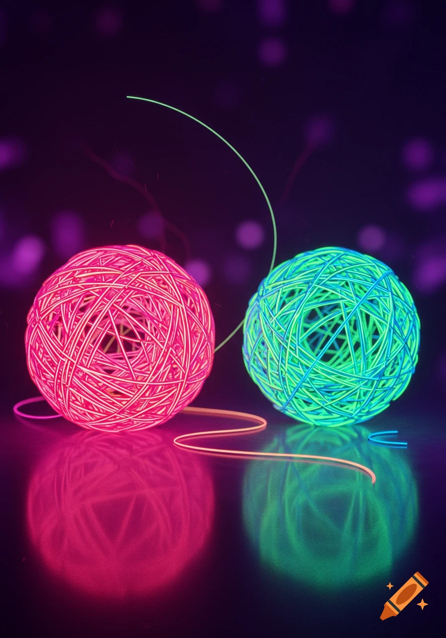 Two glowing neon balls of yarn, one pink and one green, sit on a reflective surface with trailing threads against a dark, bokeh background.