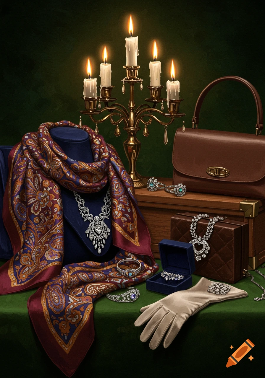 Elegant still life of women's luxury accessories: diamond jewelry, a patterned silk scarf, a leather handbag, and a lit candelabra on green velvet.